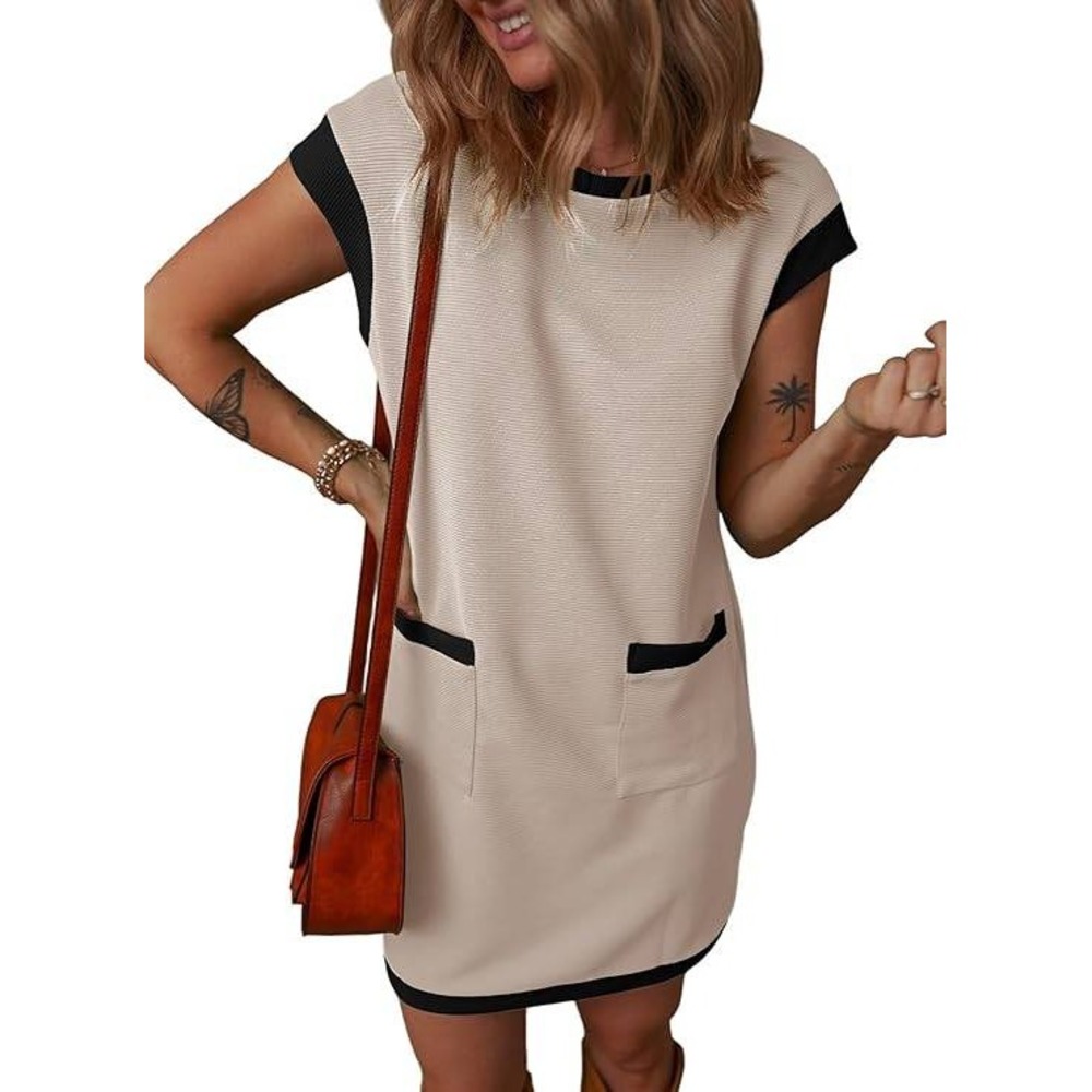 Women‎ Cream Black Textured Shift Dress Sleeveless Patch Pockets Colorblock Trim